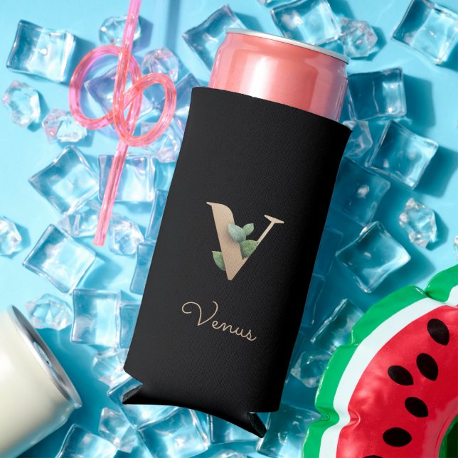 Elegant Botanical Monogram Gold Letter V  Seltzer Can Cooler (In Situ Summer)