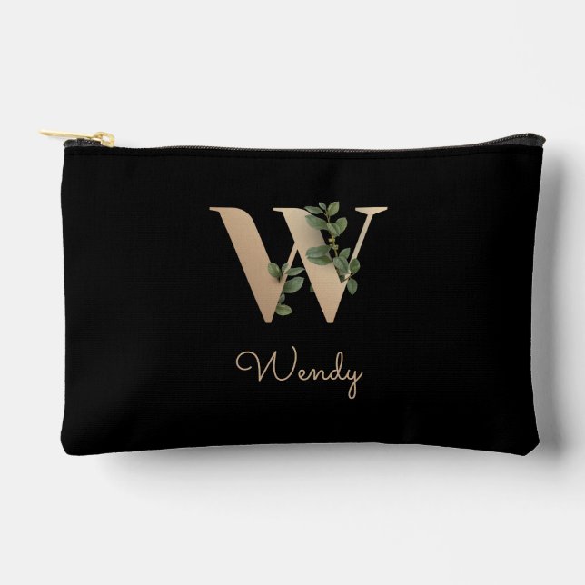 Elegant Botanical Monogram Gold Letter W Accessory Pouch (Front)