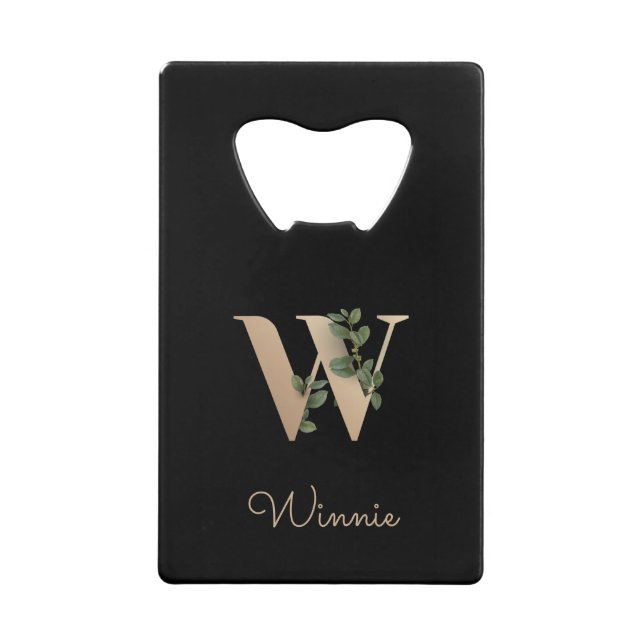 Elegant Botanical Monogram Gold Letter W  Credit Card Bottle Opener (Front)
