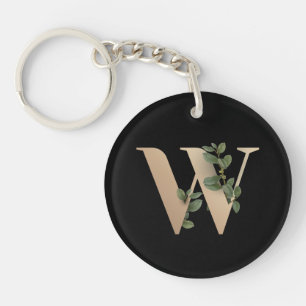 Elegant Botanical Monogram Gold Letter W Keychain