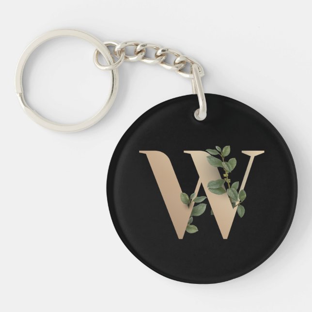 Elegant Botanical Monogram Gold Letter W Keychain (Front)