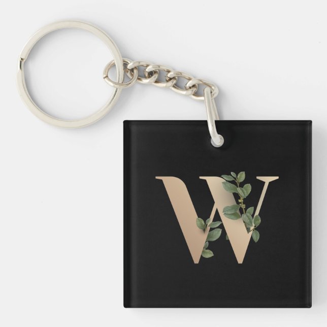 Elegant Botanical Monogram Gold Letter W Keychain (Front)