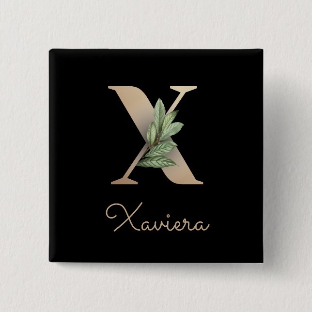 Elegant Botanical Monogram Gold Letter X Button (Front)