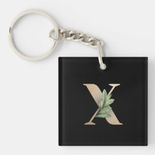 Elegant Botanical Monogram Gold Letter X Keychain