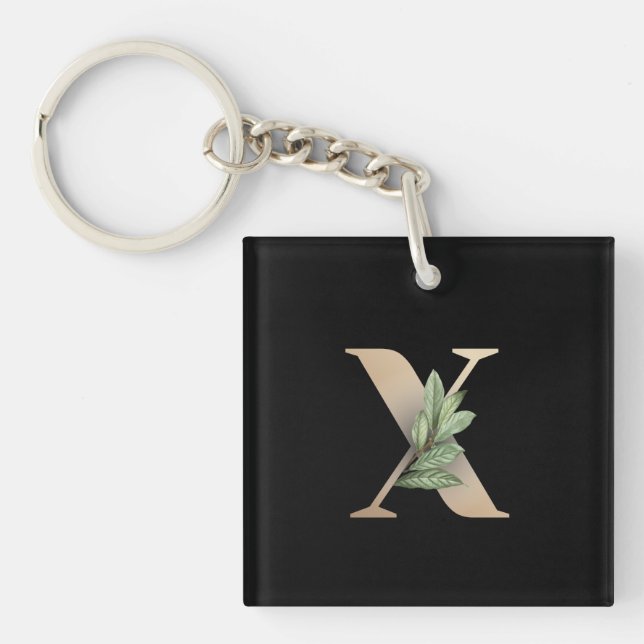 Elegant Botanical Monogram Gold Letter X Keychain (Front)