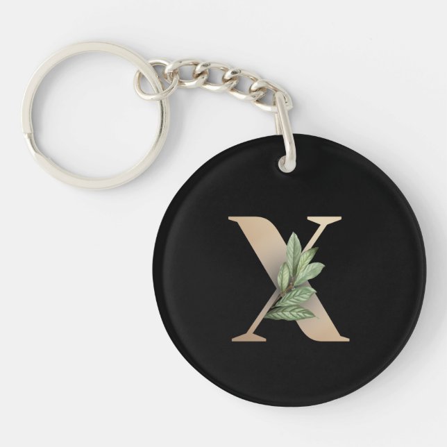 Elegant Botanical Monogram Gold Letter X Keychain (Front)