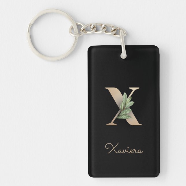 Elegant Botanical Monogram Gold Letter X Keychain (Front)