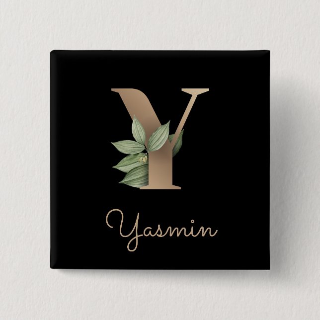 Elegant Botanical Monogram Gold Letter Y Button (Front)