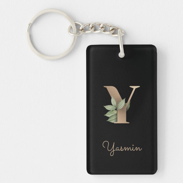 Elegant Botanical Monogram Gold Letter Y Keychain (Front)