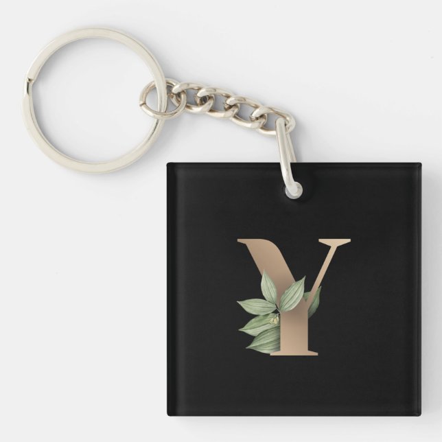 Elegant Botanical Monogram Gold Letter Y Keychain (Front)