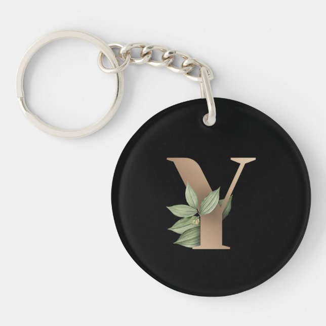 Elegant Botanical Monogram Gold Letter Y Keychain (Front)