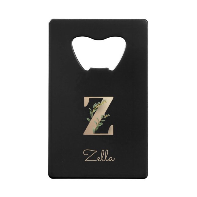 Elegant Botanical Monogram Gold Letter Z  Credit Card Bottle Opener (Front)