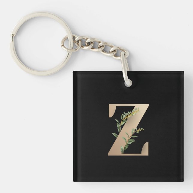 Elegant Botanical Monogram Gold Letter Z Keychain (Front)