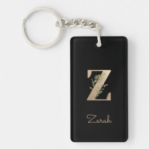 Elegant Botanical Monogram Gold Letter Z Keychain