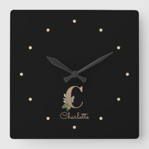 Elegant Botanical Monogram Letter C Square Wall Clock