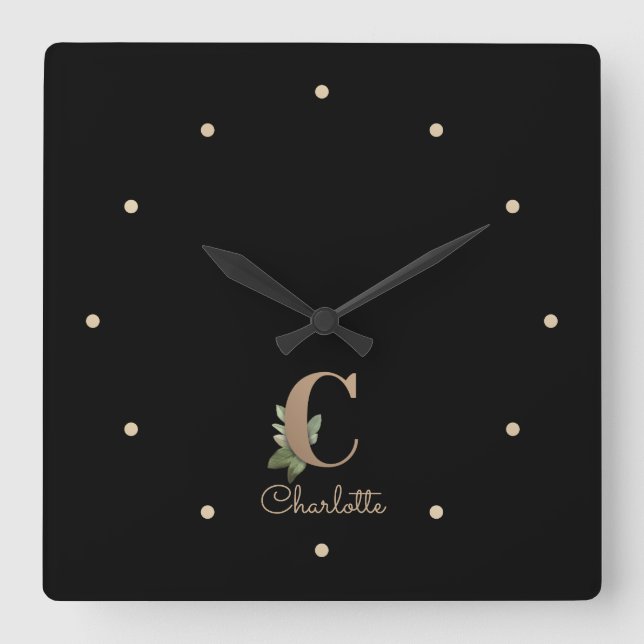 Elegant Botanical Monogram Letter C Square Wall Clock (Front)