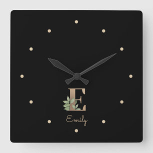 Elegant Botanical Monogram Letter E Square Wall Clock