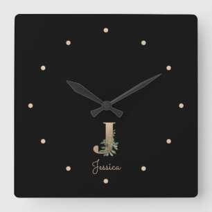 Elegant Botanical Monogram Letter J Square Wall Clock