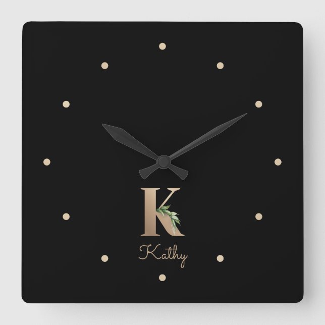 Elegant Botanical Monogram Letter K Square Wall Clock (Front)