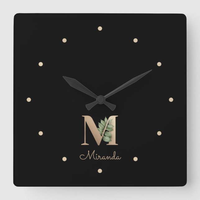 Elegant Botanical Monogram Letter M Square Wall Clock (Front)