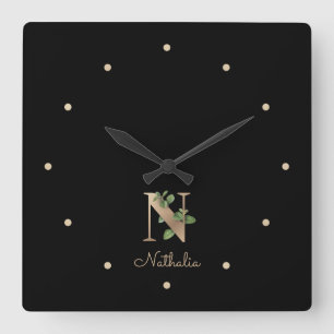 Elegant Botanical Monogram Letter N Square Wall Clock