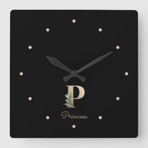 Elegant Botanical Monogram Letter P Square Wall Clock