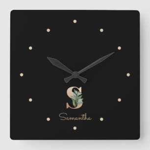 Elegant Botanical Monogram Letter S Square Wall Clock