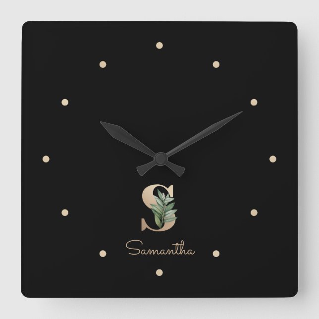 Elegant Botanical Monogram Letter S Square Wall Clock (Front)