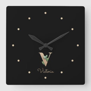 Elegant Botanical Monogram Letter V Square Wall Clock