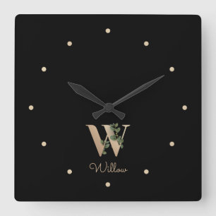 Elegant Botanical Monogram Letter W Square Wall Clock