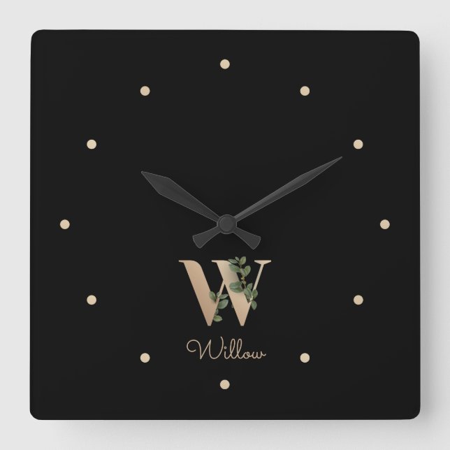 Elegant Botanical Monogram Letter W Square Wall Clock (Front)