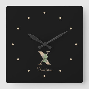 Elegant Botanical Monogram Letter X Square Wall Clock