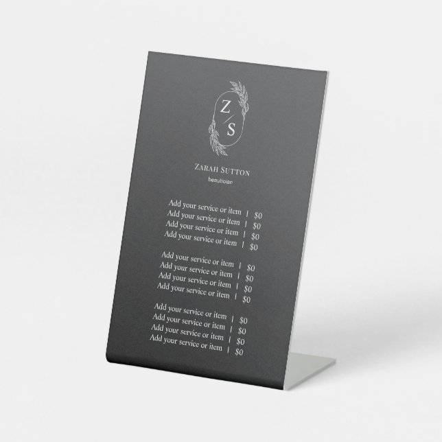 Elegant Botanical Monogram Price List Pedestal Sign (Front)