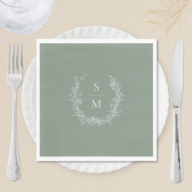 Elegant Botanical Monogram Sage Green Wedding Napkin (Creator Uploaded)