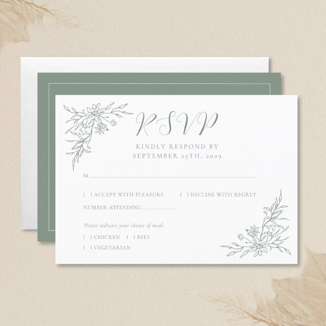 Elegant Botanical Monogram Sage Green Wedding RSVP Card (Creator Uploaded)