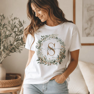 Elegant Botanical Monogram with Custom Name T-Shirt