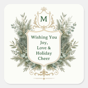 Elegant Botanical Monogrammed Crest Holiday Square Sticker