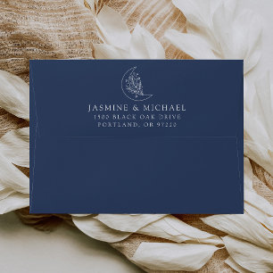 Elegant Botanical Moon and Stars Navy Wedding Envelope