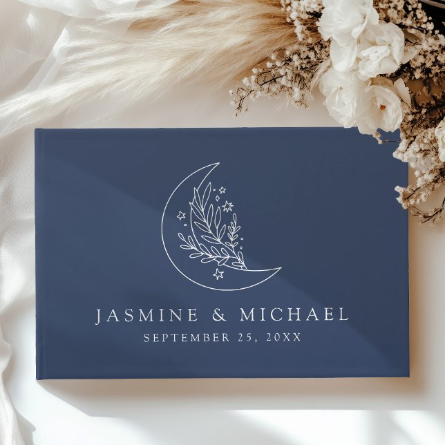Elegant Botanical Moon and Stars Navy Wedding Guest Book (Creator Uploaded)