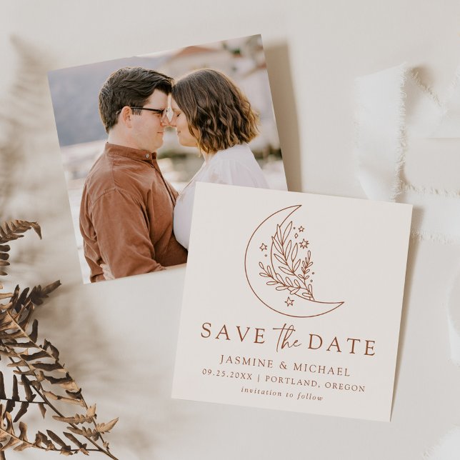 Elegant Botanical Moon and Stars Terracotta Save The Date (Creator Uploaded)