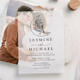 Elegant Botanical Moon and Stars Wedding Vellum Invitations