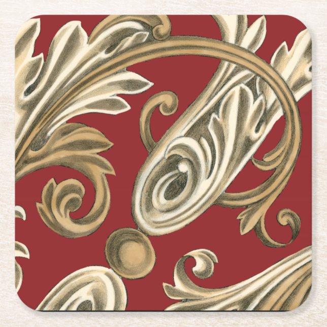 Elegant Botanical Motif with Tan Foliage Square Paper Coaster (Front)