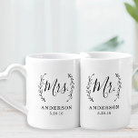 Elegant Botanical Mr. and Mrs. Newlyweds Coffee Mug Set<br><div class="desc">Custom-designed coffee/tea mug set for the bride and groom to be featuring elegant rustic laurel wreath and modern hand calligraphy with editable family name and wedding date. This personalized mug set is not only a memorable wedding gift for anniversaries, bridal shower, and weddings, but also a perfect personalized gift for...</div>