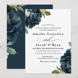 Elegant Botanical Navy Blue Wedding  Invitation