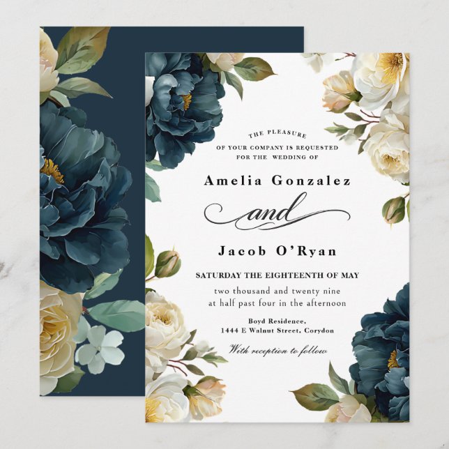 Elegant Botanical Navy Blue Wedding  Invitation (Front/Back)