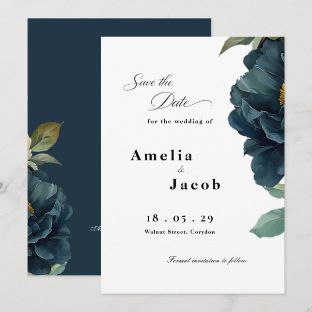 Elegant Botanical Navy Blue Wedding Save The Date (Front/Back)