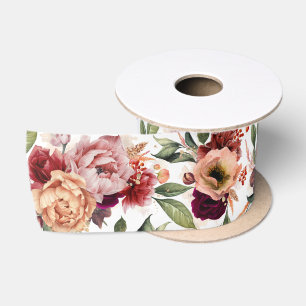 Elegant Botanical Orange and Burgundy Red Floral Satin Ribbon