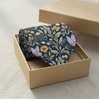 Elegant Botanical Pattern with Butterflies on Dark Tie