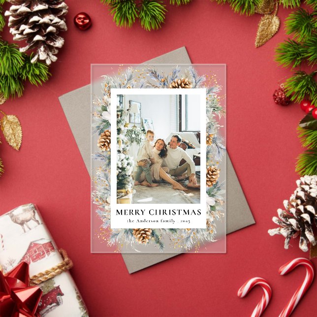 Elegant Botanical Photo Frame Merry Christmas Card Acrylic Invitations (Insitu (Holiday))