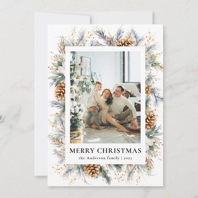 Elegant Botanical Photo Frame Merry Christmas Holiday Card (Front)